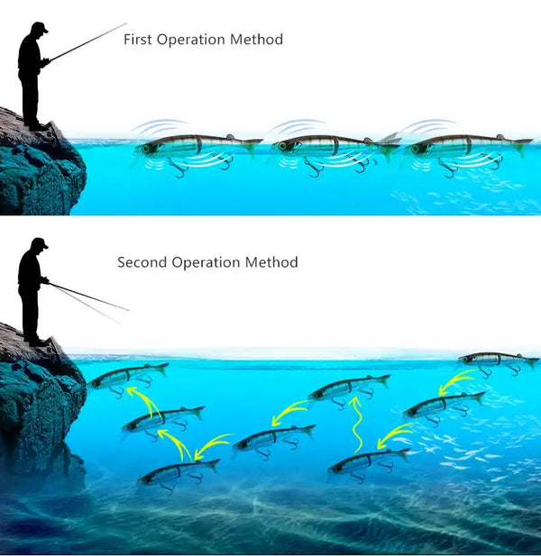 Floating multi-jointed swimbait lures shown swimming near the water surface in a group.