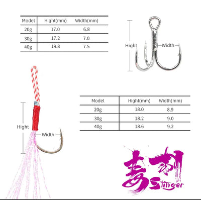 Stinger fishing jig double hook with white/pink tassel, size diagram and measurements