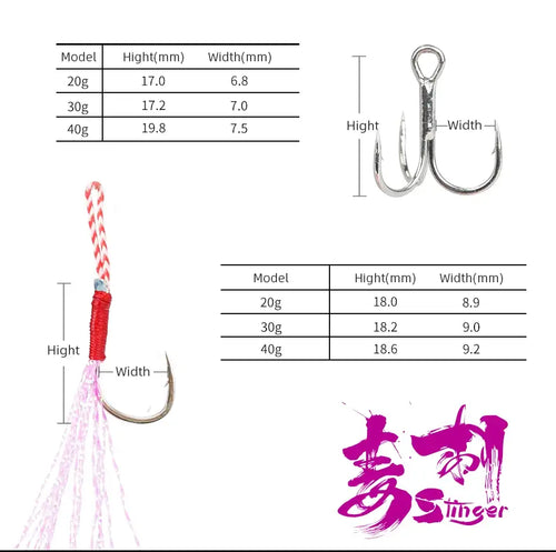 Stinger fishing jig double hook with white/pink tassel, size diagram and measurements