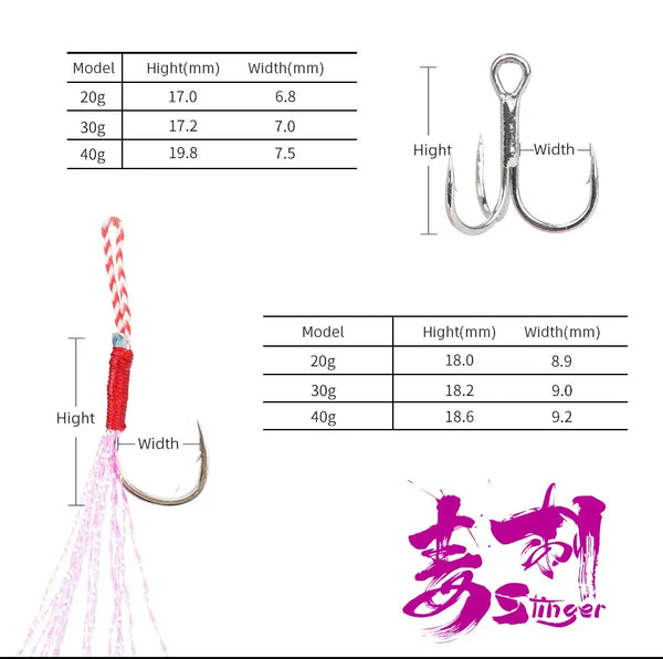 Stinger fishing jig double hook with white/pink tassel, size diagram and measurements