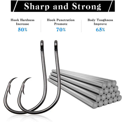 Two circle fishing hooks with barbed points, dark steel finish, closed eyes