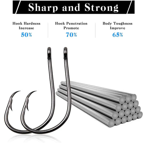 Two circle fishing hooks with barbed points, dark steel finish, closed eyes