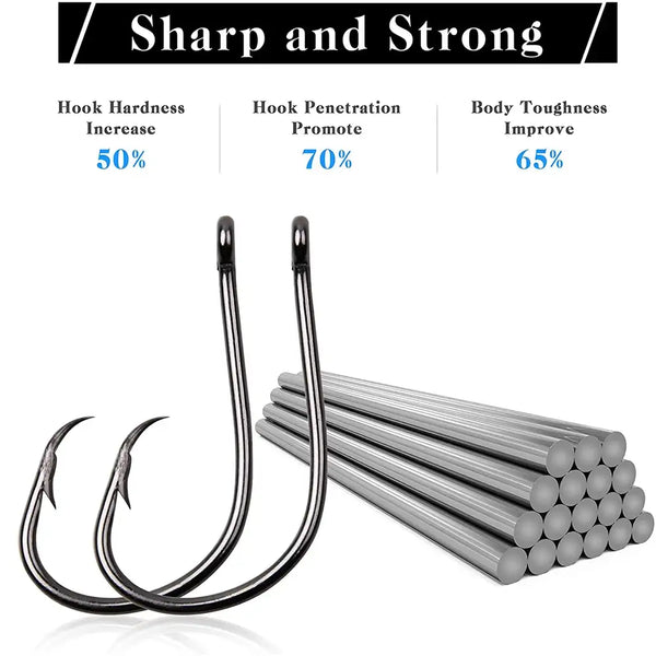 Two circle fishing hooks with barbed points, dark steel finish, closed eyes