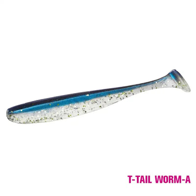 Artificial soft T-tail lure, blue translucent with gold glitter speckles