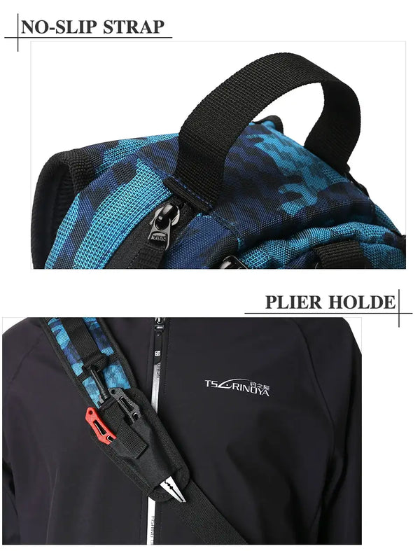Blue camo water-resistant tackle bag with black no-slip shoulder strap and zip front pocket
