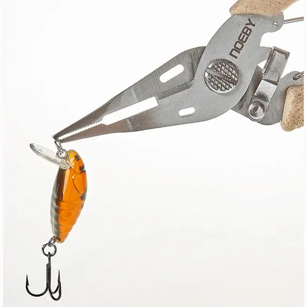Stainless steel pliers head with circular grip texture and orange lure hook