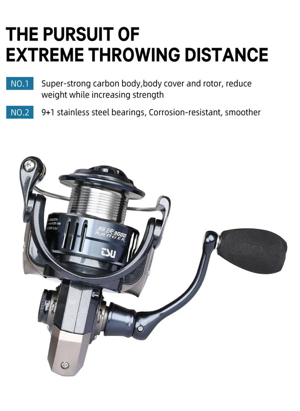 Spinning reel front view with crank handle, silver spool, and black protective case