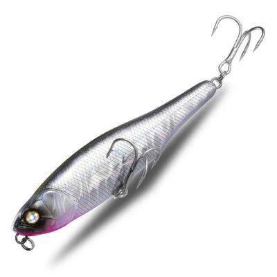 Topwater pencil fishing lure with silver and purple-blue finish, treble hooks and split ring