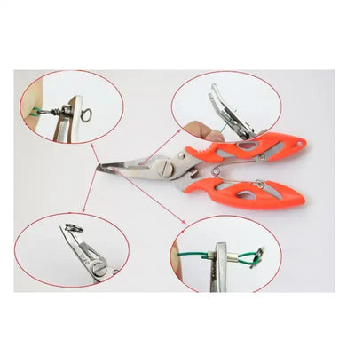 Fishing line cutting pliers with orange handles and stainless steel cutting jaws, closeups