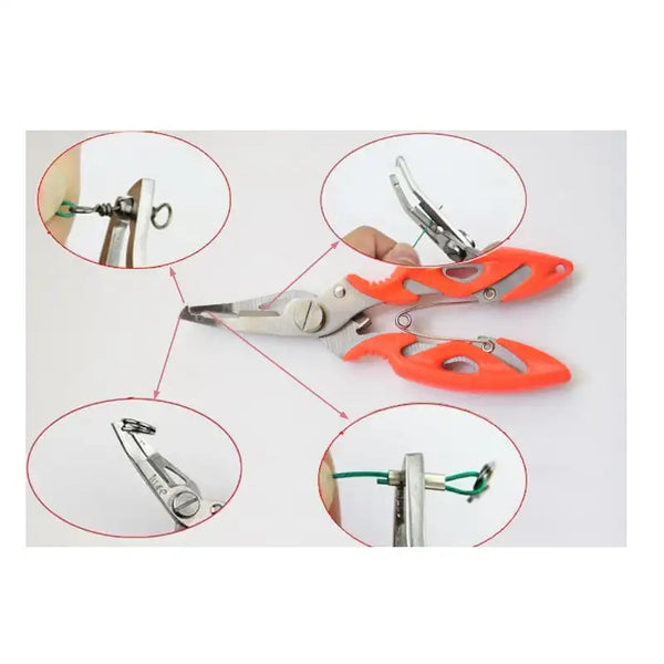 Fishing line cutting pliers with orange handles and stainless steel cutting jaws, closeups
