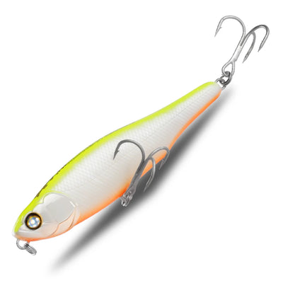 Surface fishing pencil lure with two treble hooks, white body with neon yellow top