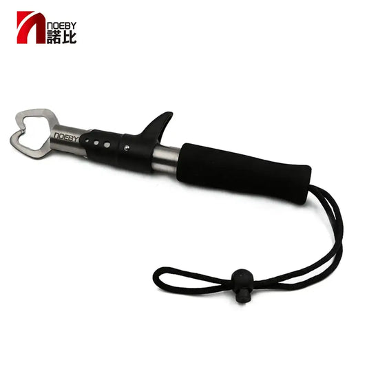 Black fishing hook remover pliers with lanyard cord and silver metal jaw