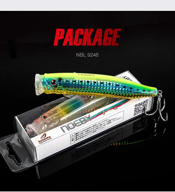 Noeby feed popper topwater lure in green-blue finish, with treble hook and packaging