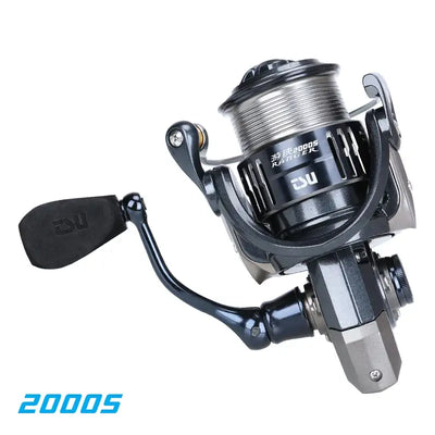Spinning fishing reel, Ranger 2000S, black and silver spool with folding handle