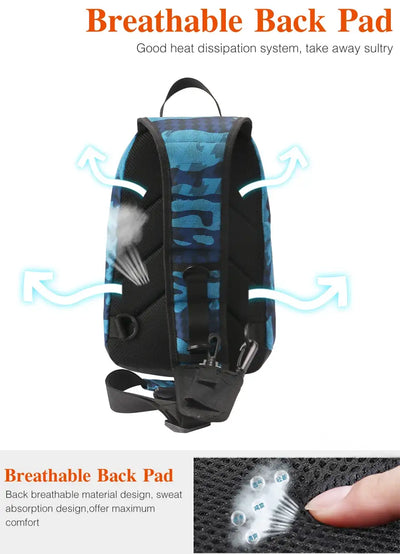 Blue camouflage fishing tackle bag with breathable padded back pad