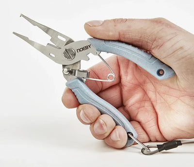 Hand holding blue mini split ring pliers with stainless steel cutting jaws and loop tool