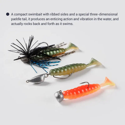 Ribbed silicone swimbait lures with jig heads, olive and orange bodies with paddle tails