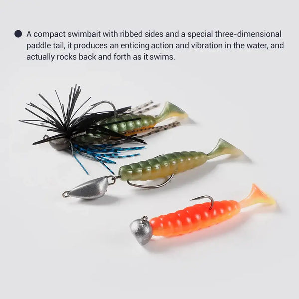 Ribbed silicone swimbait lures with jig heads, olive and orange bodies with paddle tails