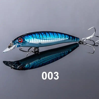 Blue metallic floating minnow jerkbait with red eye and silver belly, treble hooks