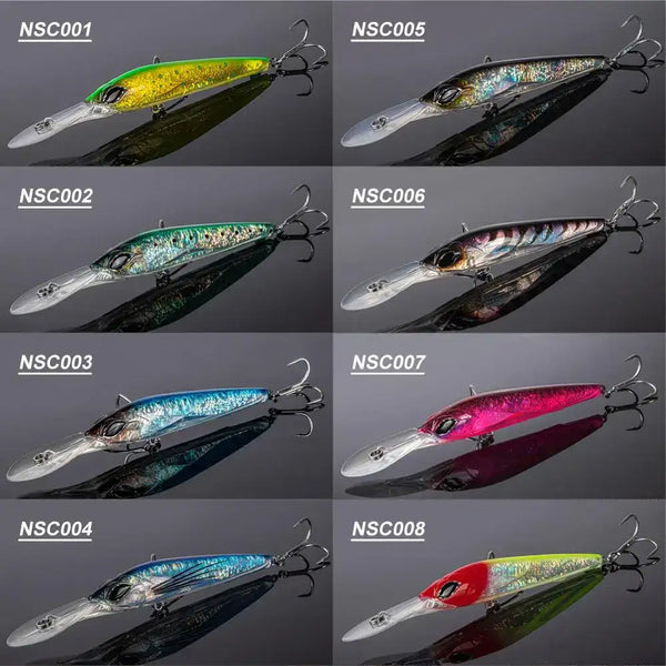Assorted trolling minnow lures in multiple colors, each with treble hooks