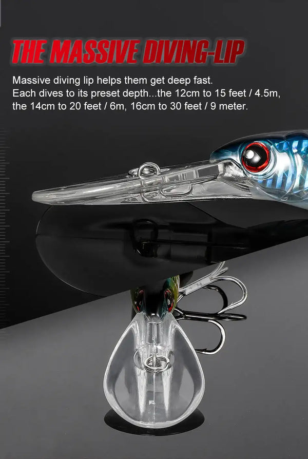 Blue diving minnow lure shown side view with diving lip and hanging treble hooks