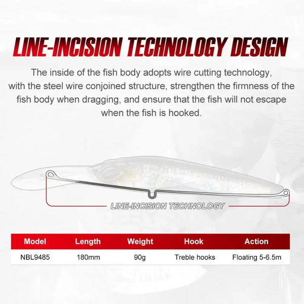 White trolling minnow lure with line-incision design, 180mm and 90g