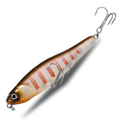 Topwater pencil lure with tan-orange segmented pattern and two treble hooks