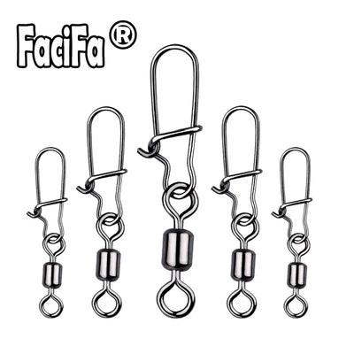 Stainless steel swivel snap bearing hooks, five sizes shown, dark metal finish