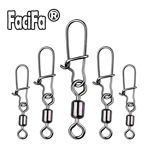 Stainless steel swivel snap bearing hooks, five sizes shown, dark metal finish