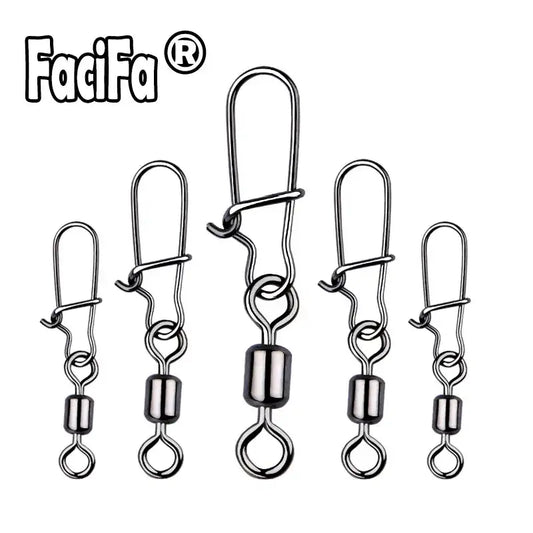 Stainless steel swivel snap bearing hooks, five sizes shown, dark metal finish