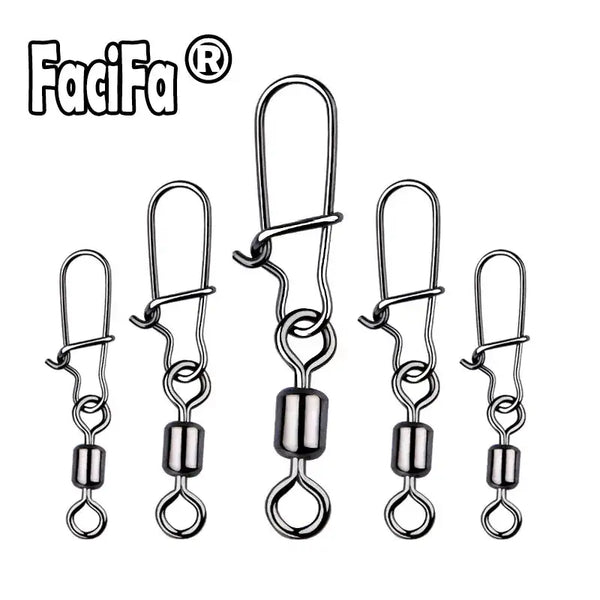 Stainless steel swivel snap bearing hooks, five sizes shown, dark metal finish