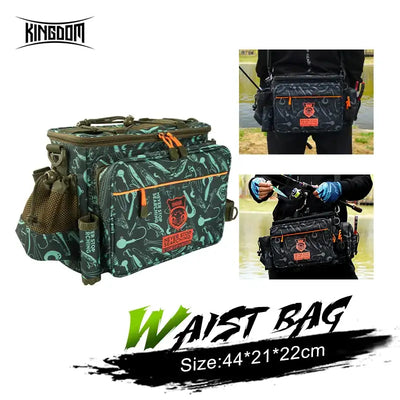 Green fishing tackle bag with patterned fabric, zippered compartments and shoulder strap