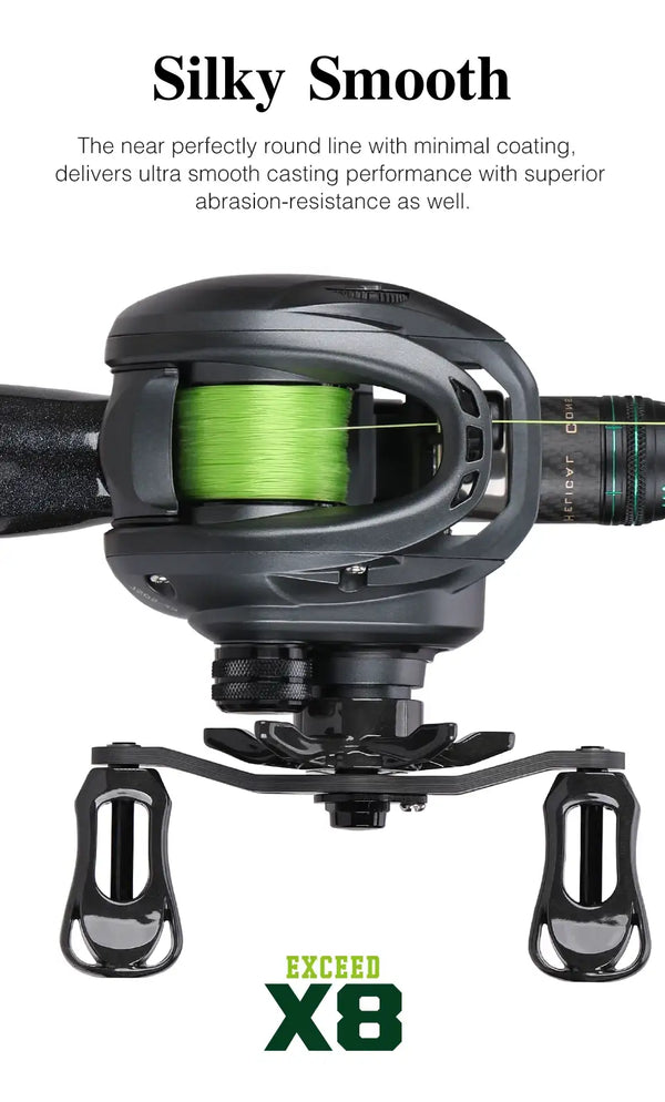 Green braided fishing line spool mounted on a black fishing reel