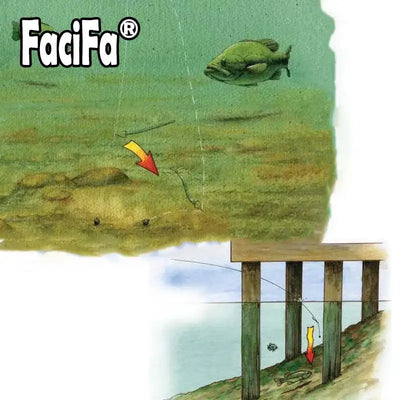 Drop shot rig illustration with spring hook and line directed toward underwater fish