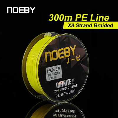 Light yellow braided fishing line spool, 300m label and top view on reflective background