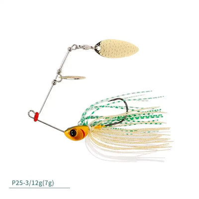 Spinner bait lure with gold blades, orange eye head, and striped green skirt