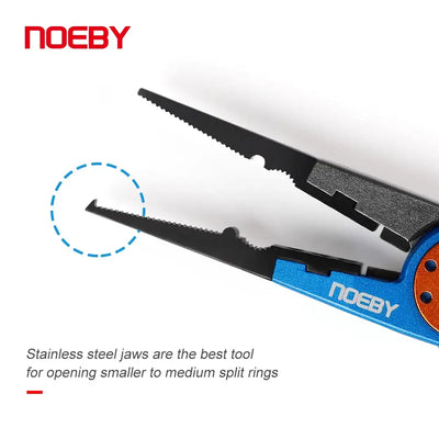 Blue NOEBY split ring pliers with serrated cutter and jaw detail