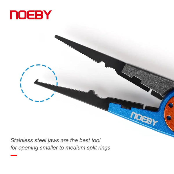 Blue NOEBY split ring pliers with serrated cutter and jaw detail