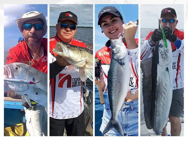 Trolling minnow fishing lure catch photo collage with anglers holding fish