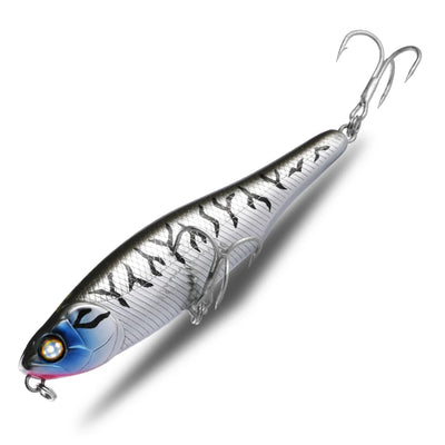 Surface fishing pencil lure with two treble hooks, silver body with black pattern
