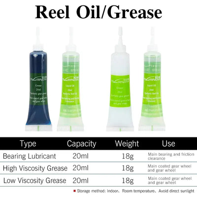 Tsurinoya reel oil/grease tube set with four dispensing bottles, blue and green shades
