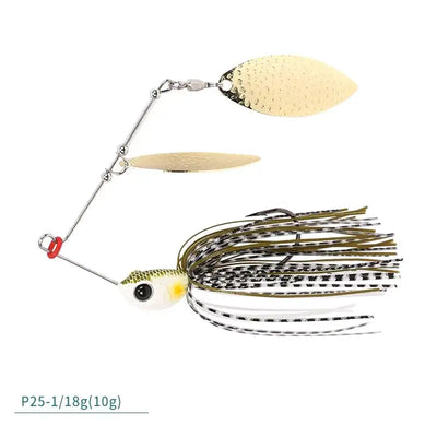 Spinner bait lure with gold blades and black-white striped skirt