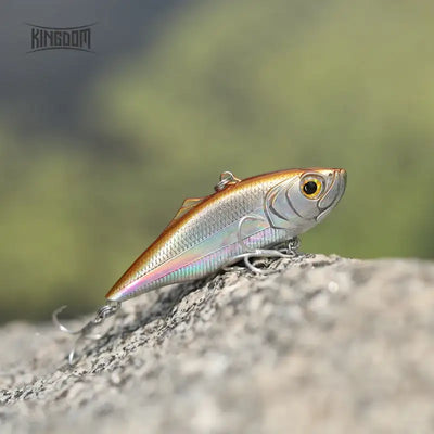 Fishing lure, gold-orange and silver minnow with treble hooks