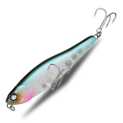 Topwater pencil fishing lure with light blue and silver finish, treble hooks and split ring