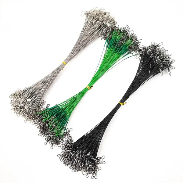 Steel wire fishing leaders with swivels, green and black and silver bundle