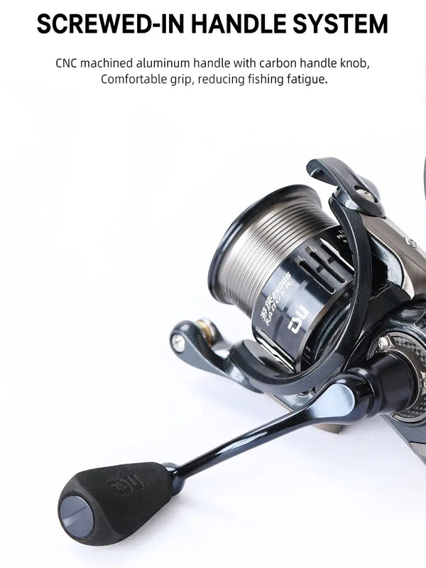 Spinning reel with black handle, carbon handle knob, and metallic spool for smooth casting.
