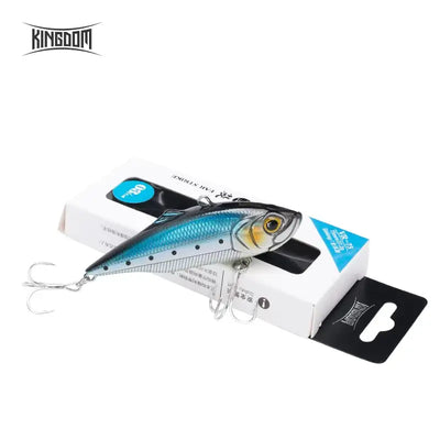 Fishing lure, blue and silver minnow with treble hooks in retail box