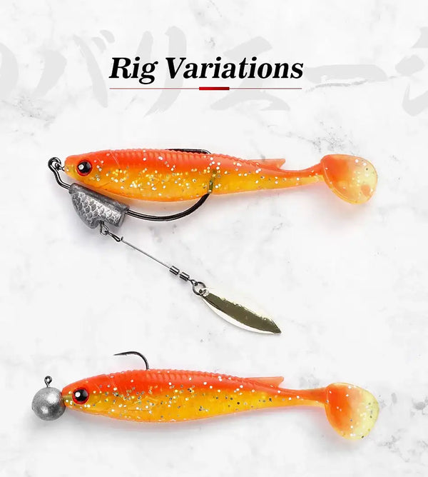 Noeby paddle tail shad swimbaits with jighead hardware, orange and silver versions