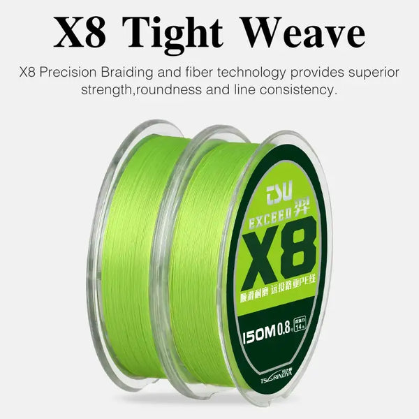 Green X8 braided fishing line spool with EXCEED X8 branding, 150m marking