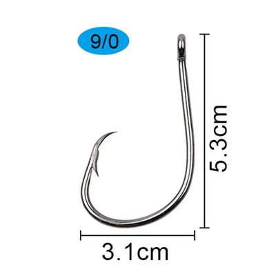 Size 9/0 circle fishing hook, barbed point, dark steel finish, closed eye